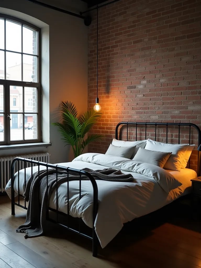 Industrial bedroom with metal bed frame and exposed brick wall