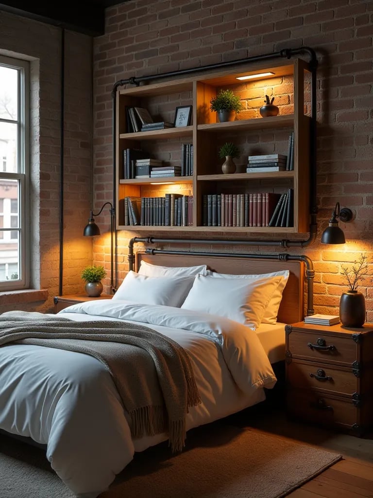 Industrial bedroom with pipe and wood bookshelf headboard