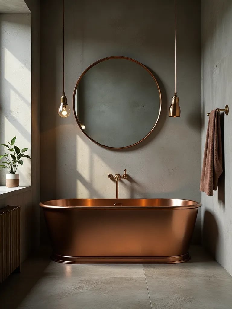 Industrial chic bathroom with concrete floors, copper tub, and brass pipes