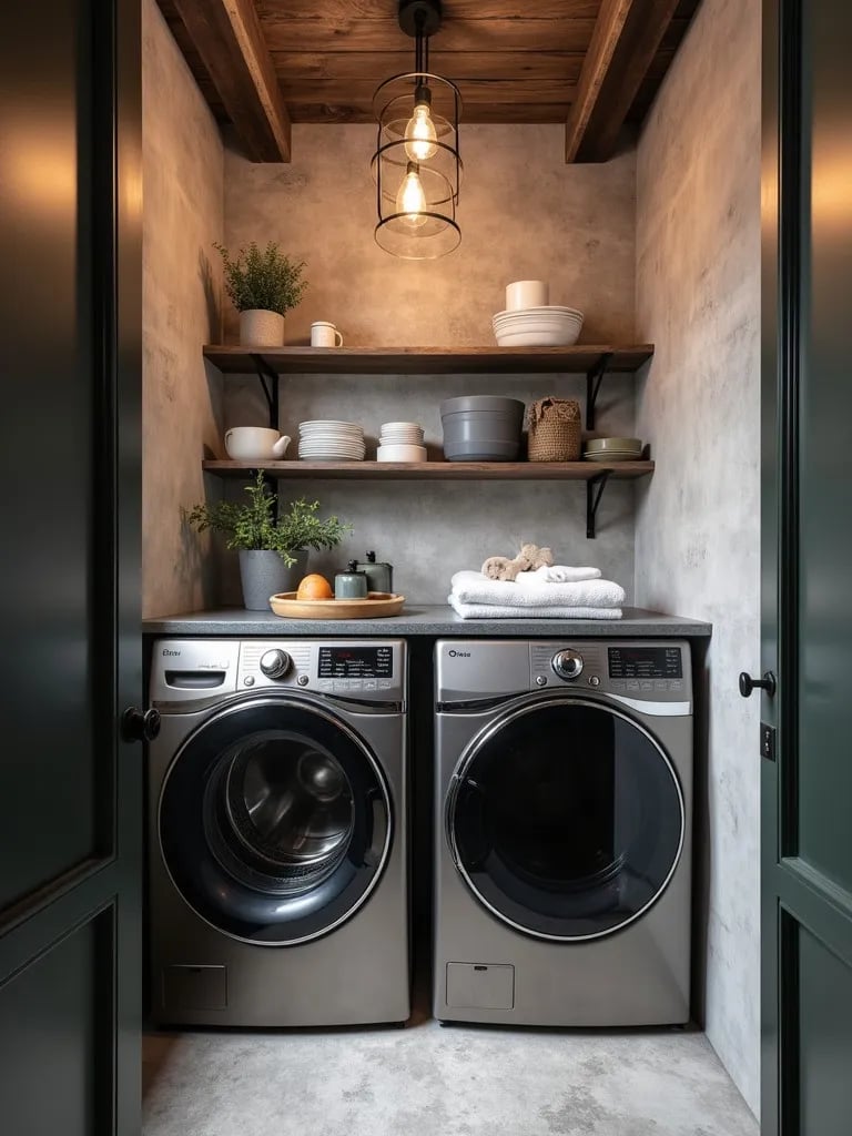 Industrial chic laundry room with concrete look wallpaper and metal accents