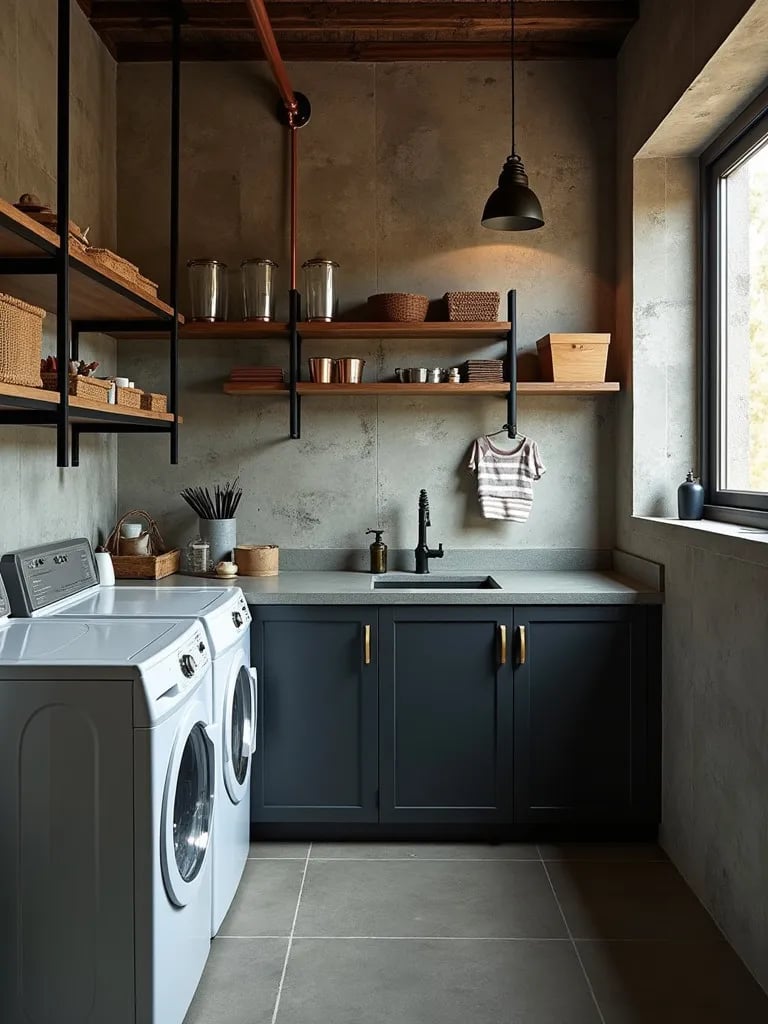 Industrial chic laundry room with concrete wallpaper and metal shelving
