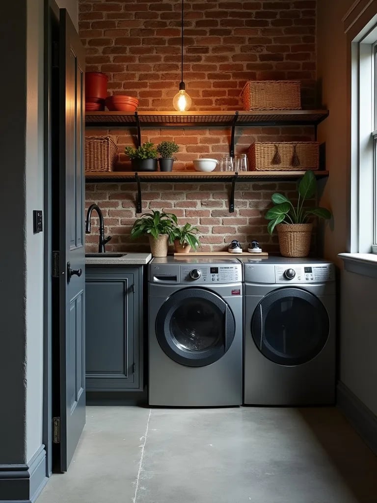 Industrial chic laundry room with dark gray brick and steel shelving