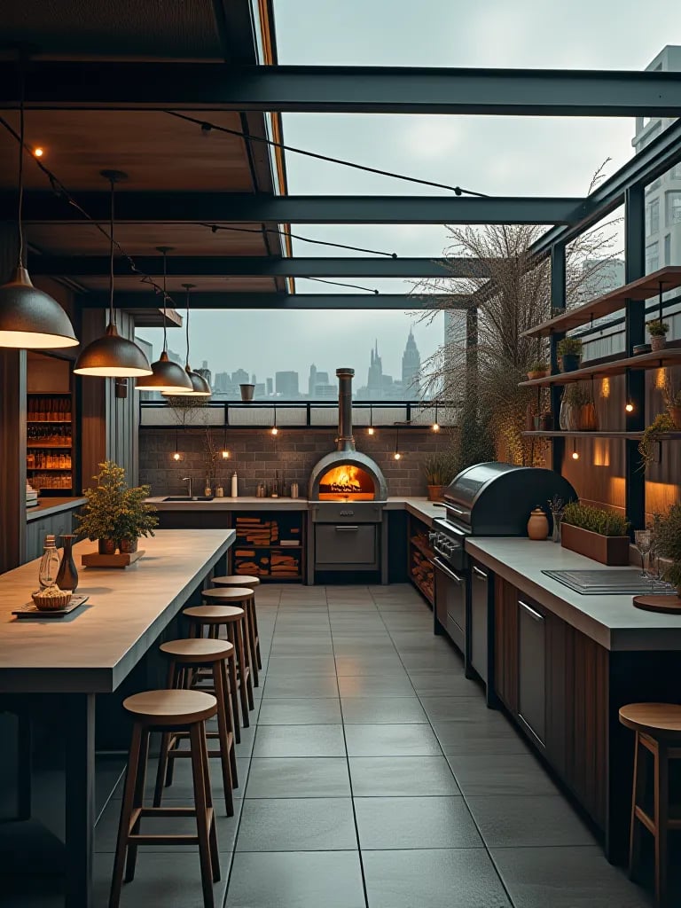 Industrial chic outdoor kitchen with metal beams and pizza oven on urban rooftop