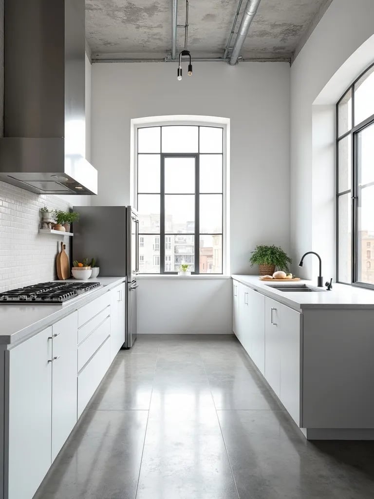 Industrial chic white kitchen with concrete floors and large window