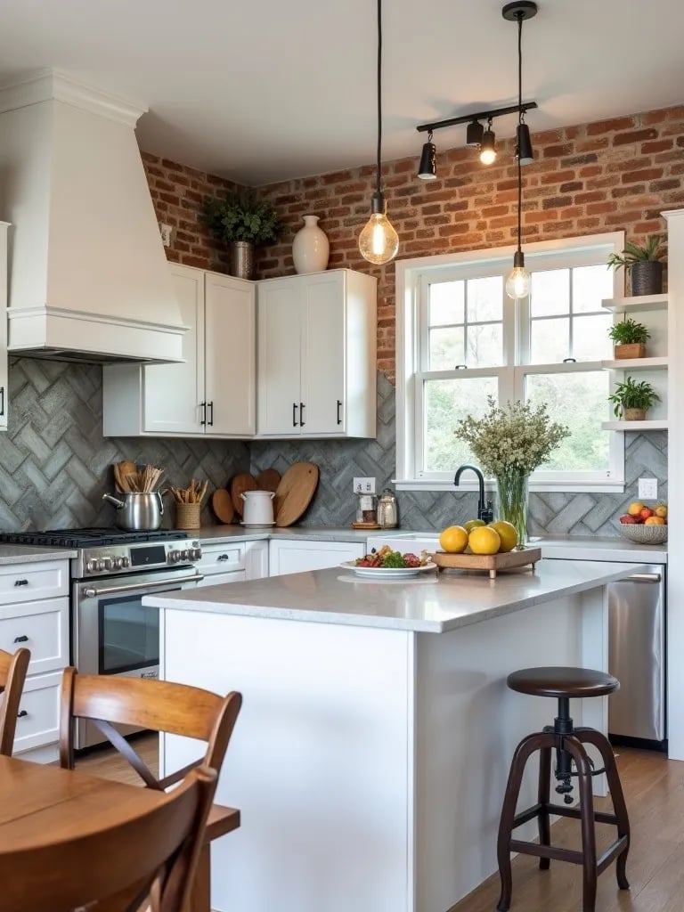 Industrial chic white kitchen with distressed metal backsplash and Edison bulbs