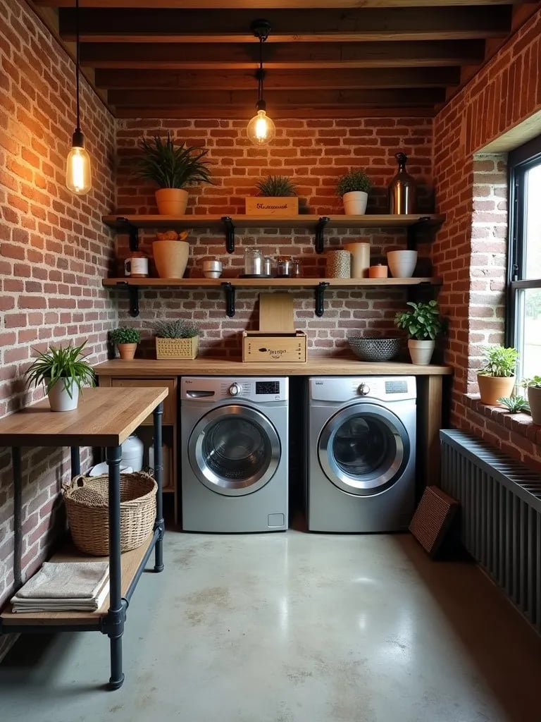 Industrial laundry room with brick walls and metal pipe shelving