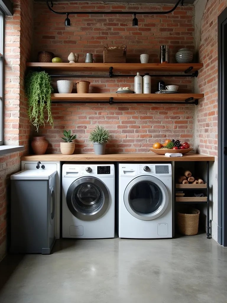 Industrial laundry room with exposed brick wallpaper and metal pipe shelving