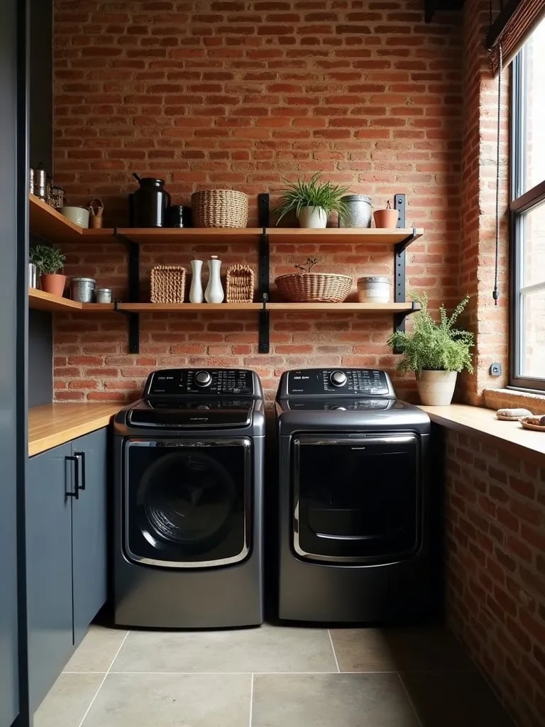 Industrial laundry room with terracotta brick wallpaper, metal shelving, and black appliances