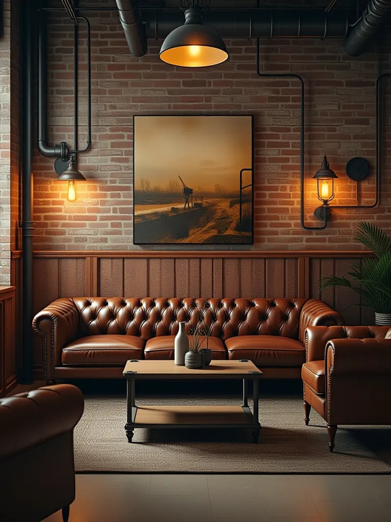 Industrial living room with brick wallpaper, leather furniture, and metal accents