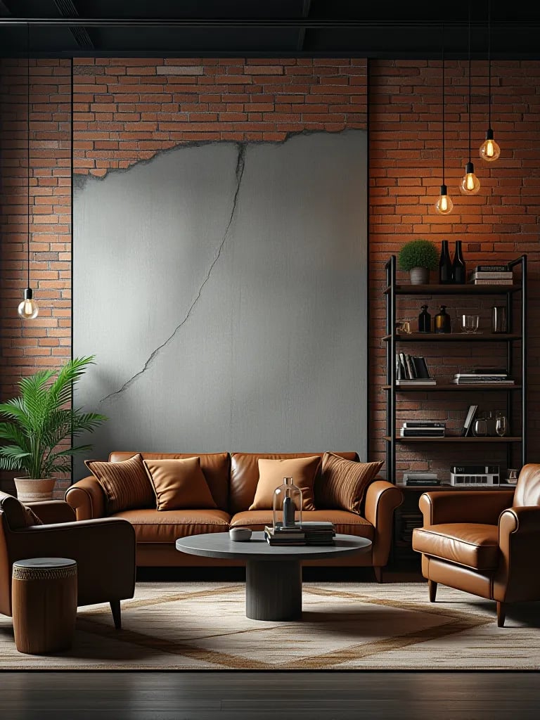 Industrial living room with concrete look wallpaper and metal accents
