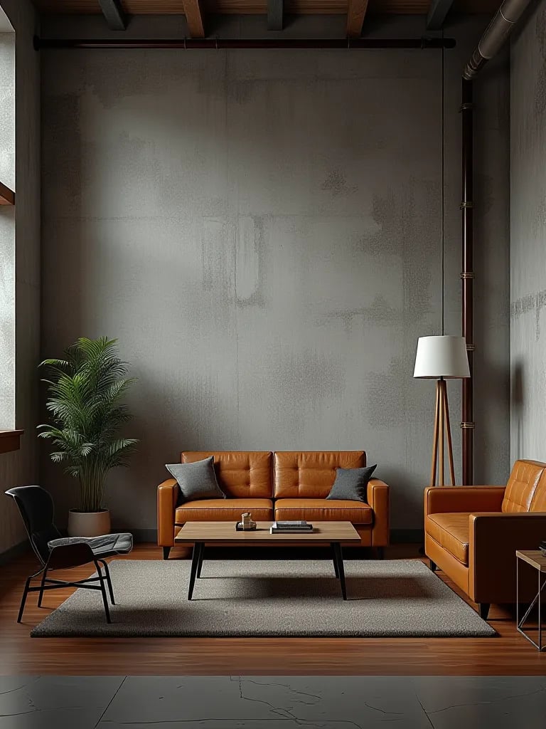 Industrial living room with concrete wallpaper accent wall and exposed pipes