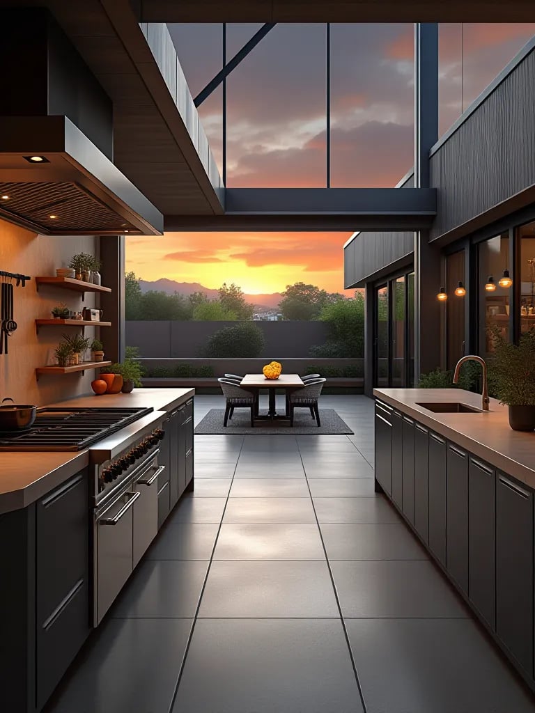 Industrial outdoor kitchen connected to patio with mixed furniture at sunset