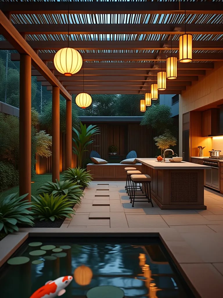 Industrial outdoor kitchen with Edison bulbs and LED strip lighting