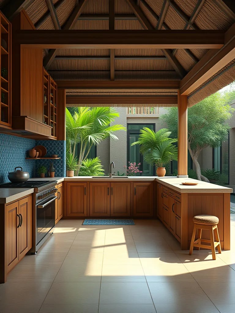 Industrial rooftop outdoor kitchen with steel countertops and brick walls