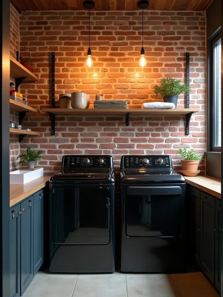 Industrial style laundry room with brick wallpaper and metal shelving