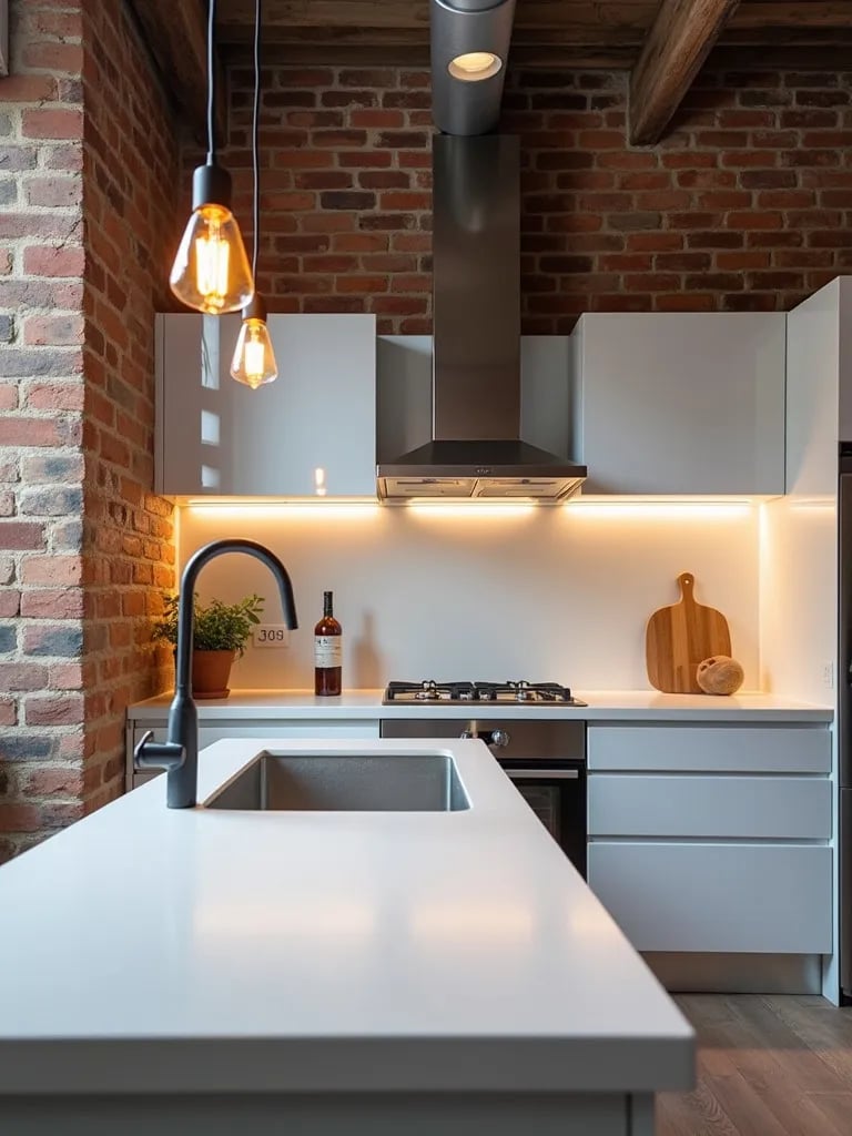 Industrial white kitchen with Edison bulbs and LED under cabinet lighting