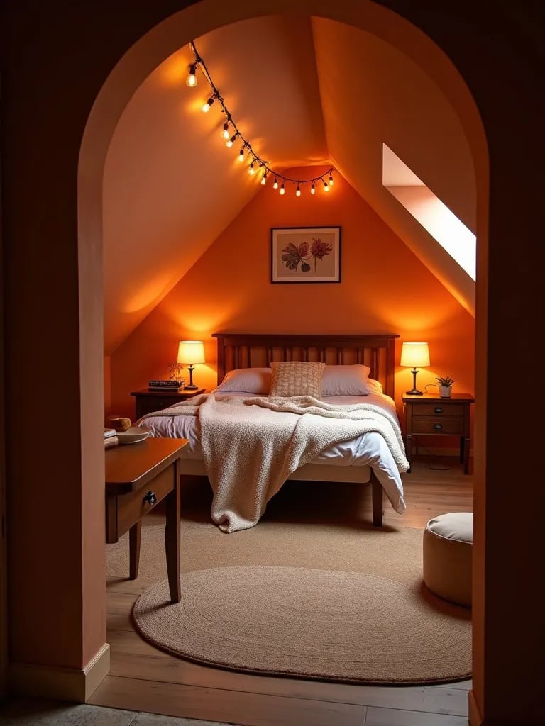 Intimate attic bedroom featuring warm terracotta colored walls