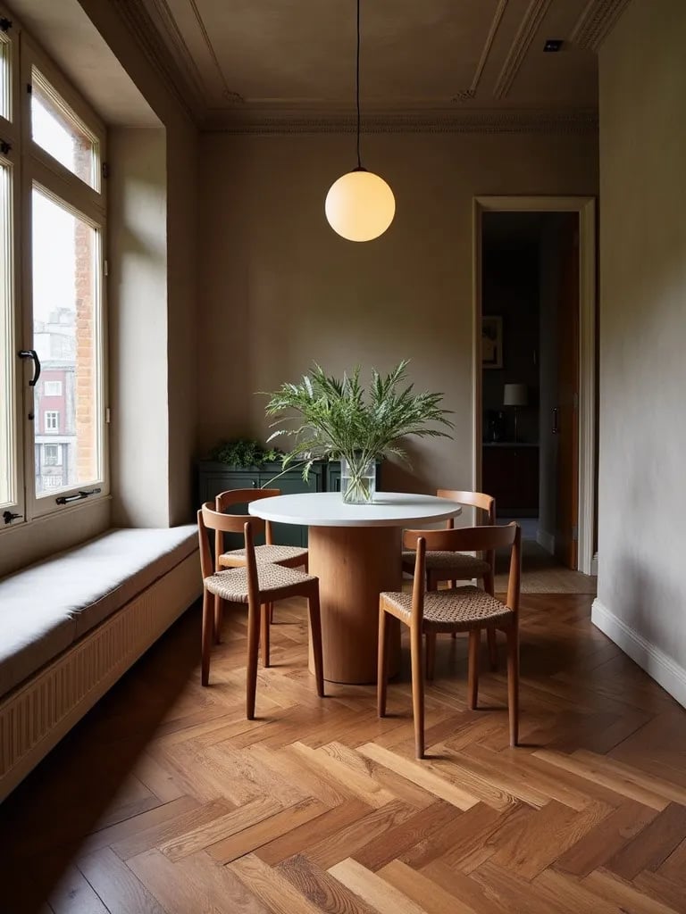 Intimate dining nook with herringbone walnut hardwood flooring