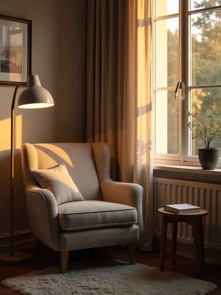 Inviting bedroom reading nook with armchair, lamp, and bookshelf in warm light