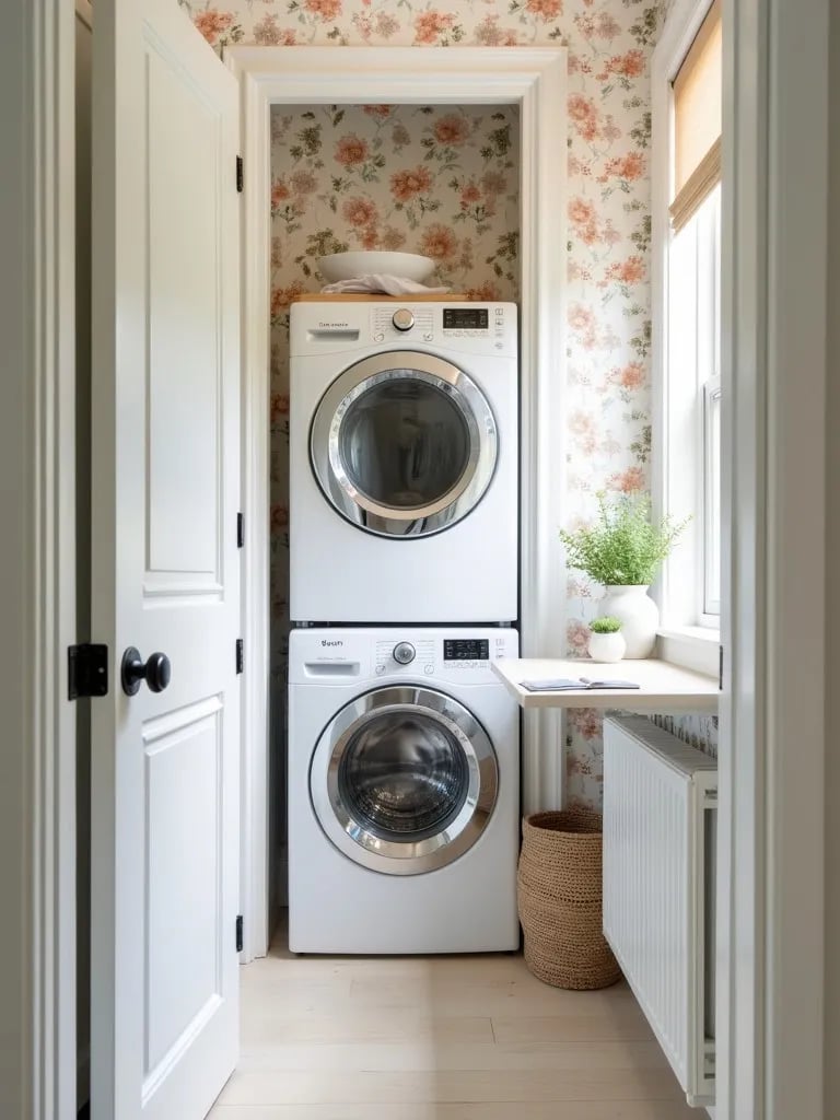 Inviting laundry area featuring whimsical floral wallpaper and folding station