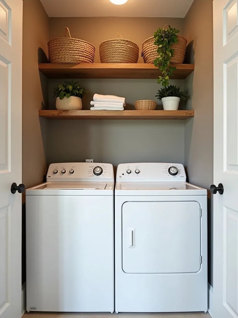 Inviting laundry nook featuring taupe walls and natural wood accents