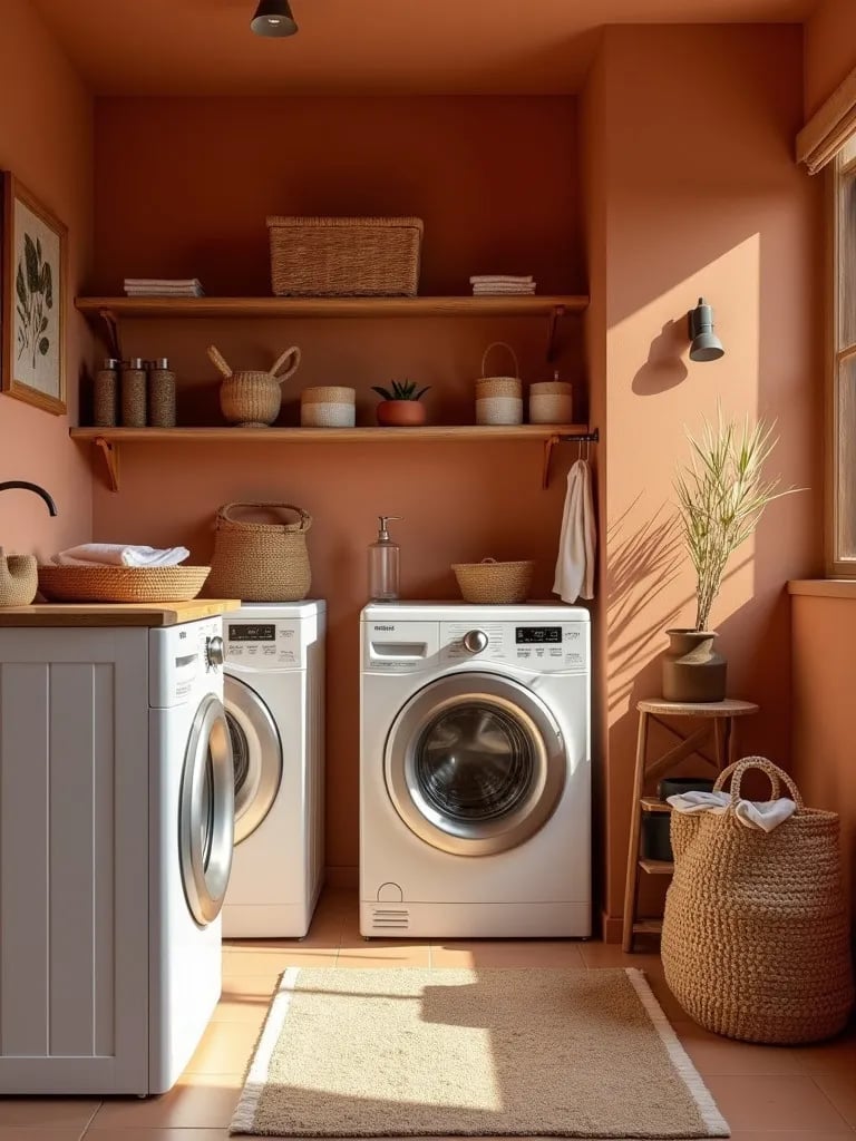 Inviting laundry room with terracotta walls and natural accents
