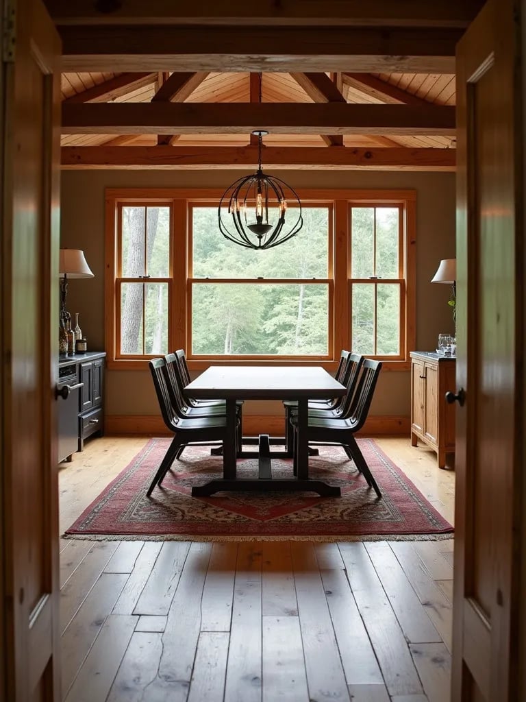 Inviting rustic dining area with sound absorbing flooring and decor