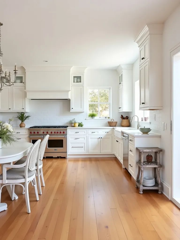 Inviting white kitchen featuring warm honey colored wide plank flooring