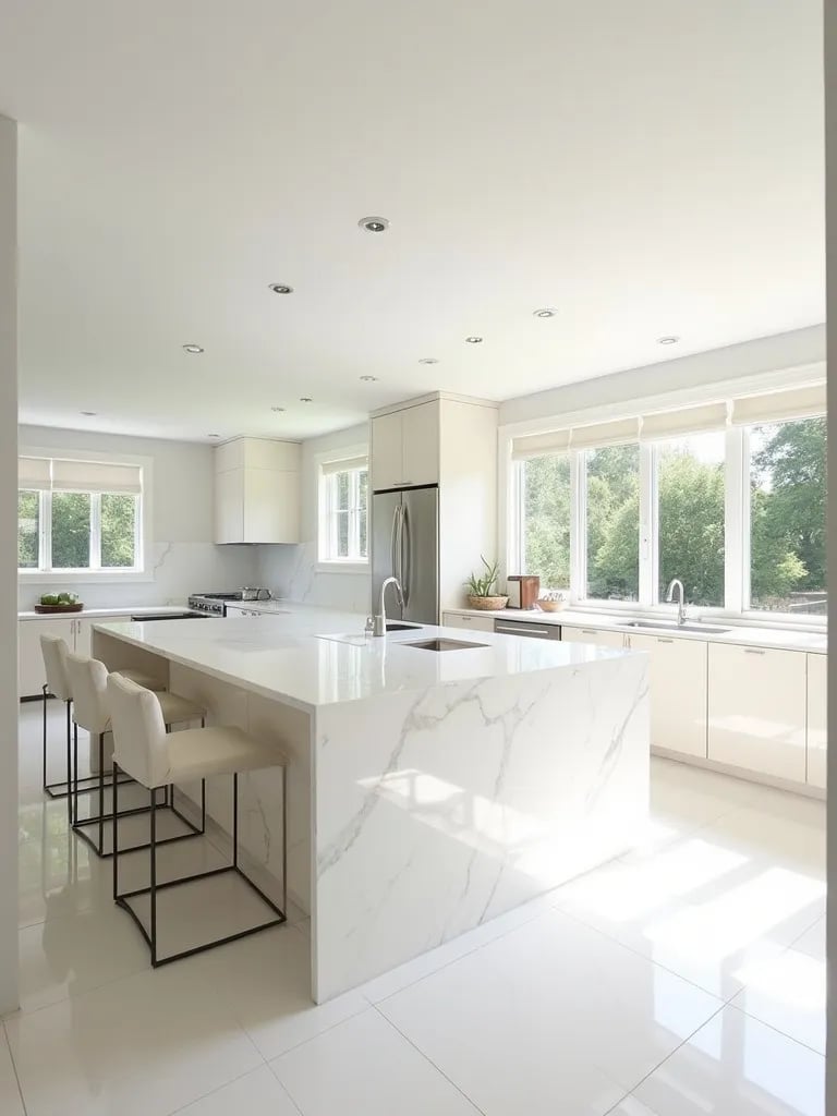 Inviting white kitchen with marble surfaces and abundant natural light