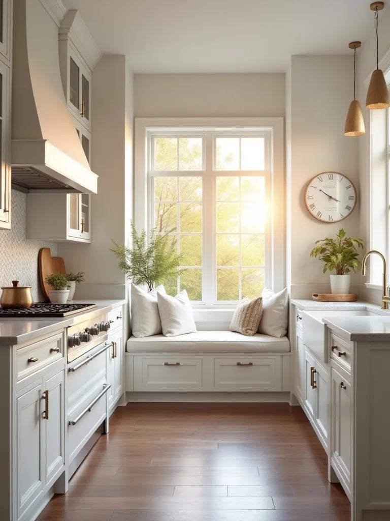 Inviting white kitchen with mixed cabinet styles and cozy nook