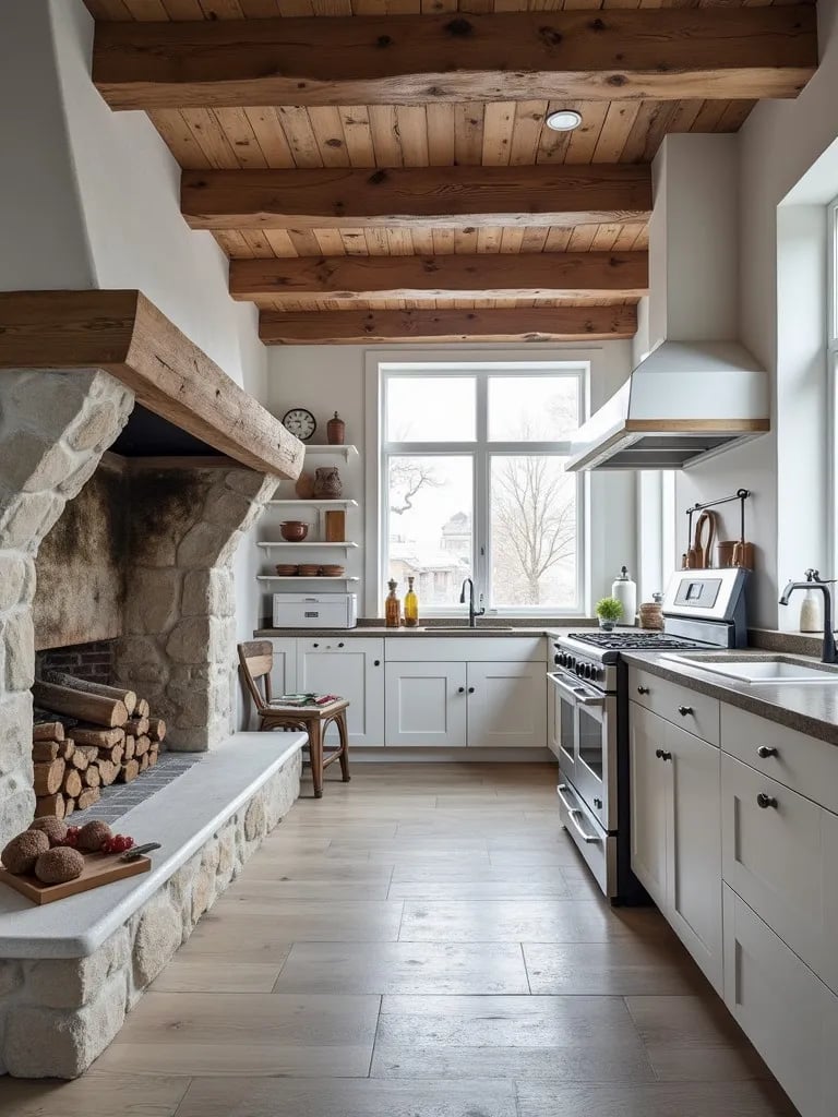 Inviting white kitchen with wood beams and stone fireplace in winter setting