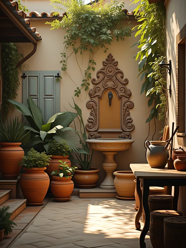 Japanese inspired garden with vegetable containers and bamboo water feature