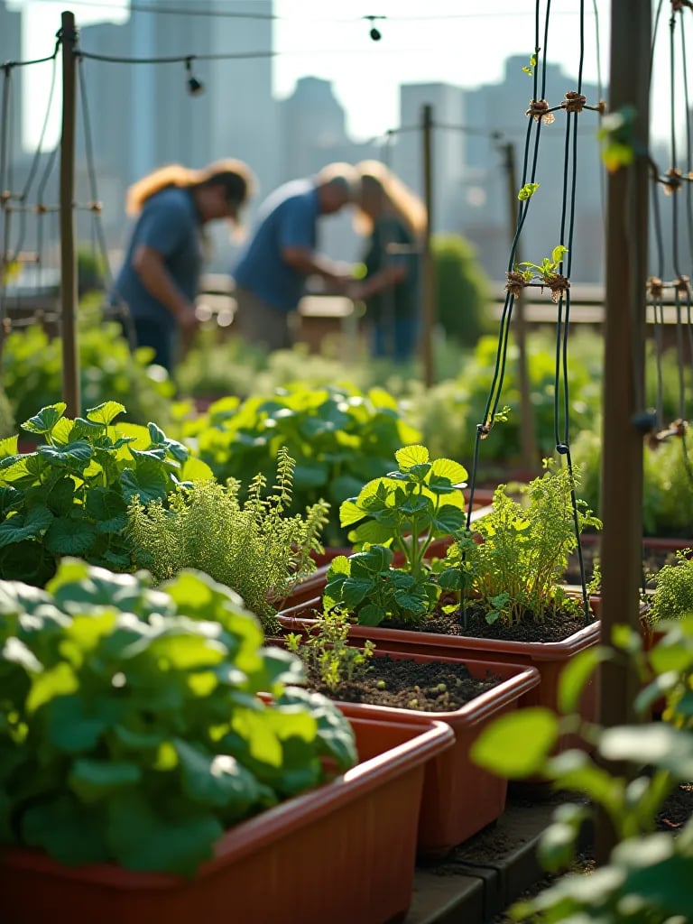 Japanese inspired garden with vegetables on bamboo supports during golden hour