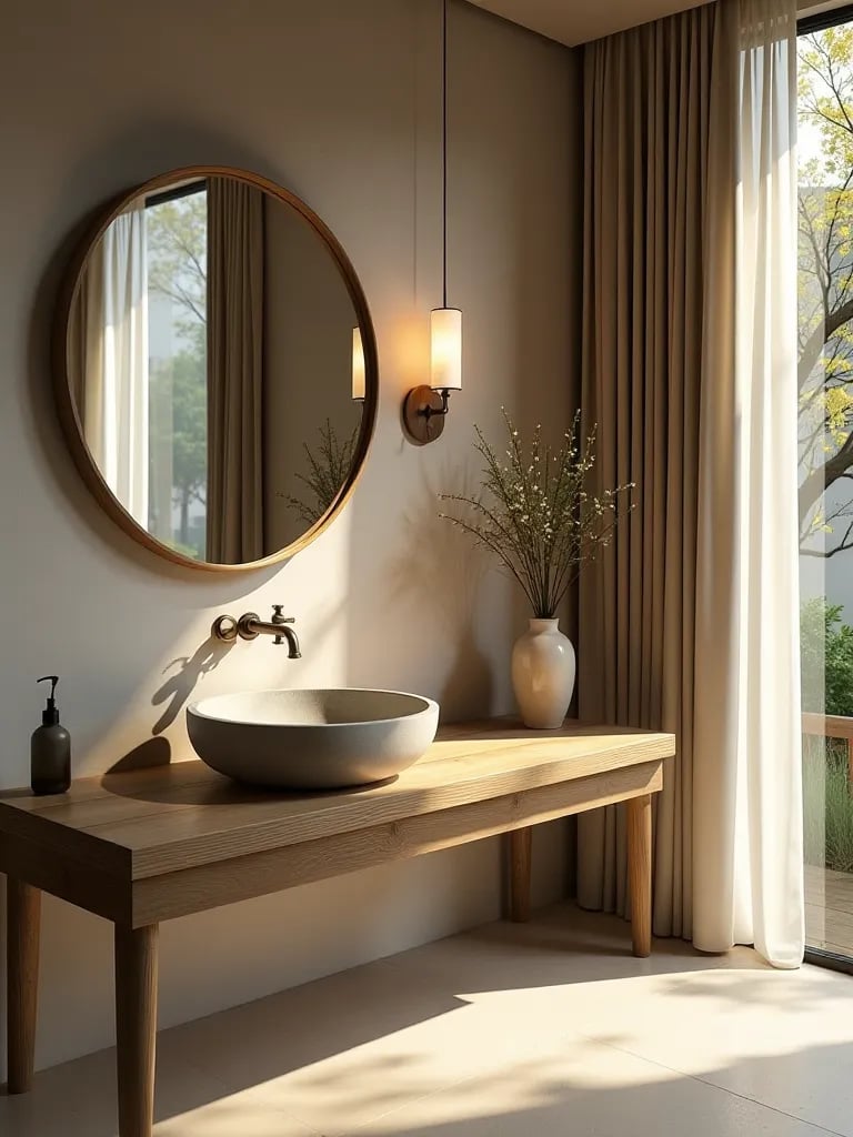 Japanese inspired zen bathroom with wooden vanity and stone vessel sink