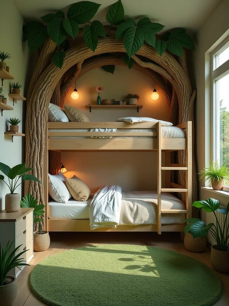 Jungle themed kids’ room with treehouse bunk bed and leaf shelves