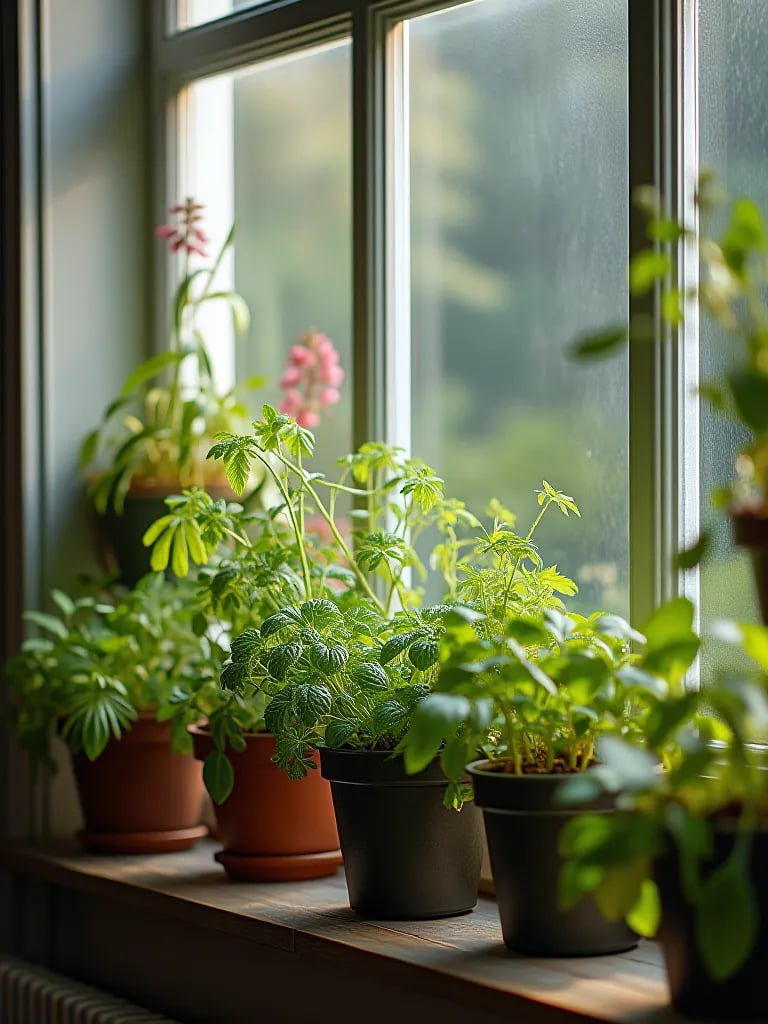 Kitchen window with herbs and vegetables in creative upcycled container gardens