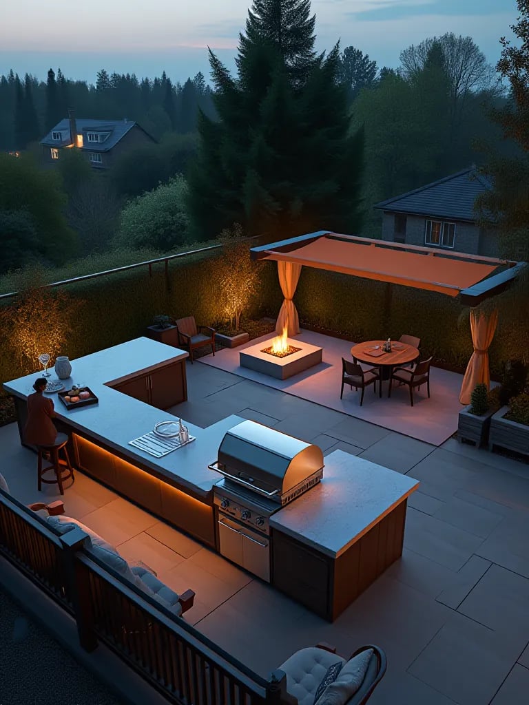 L shaped outdoor kitchen island facing patio seating area with fire pit at twilight