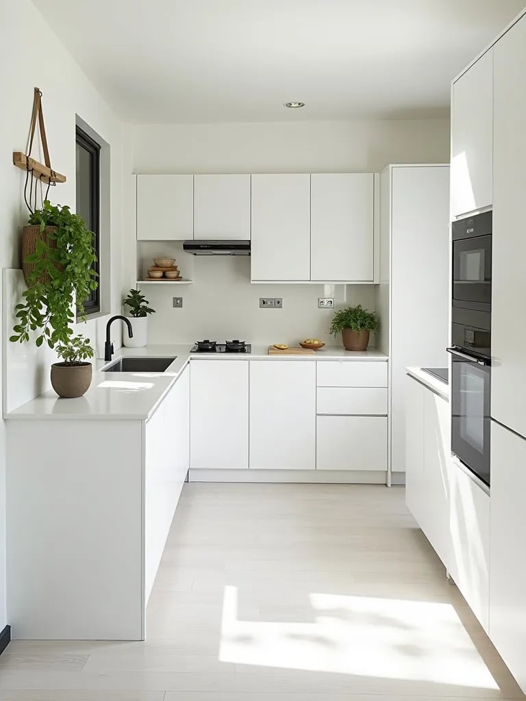 L shaped white kitchen with fold down table and vertical herb garden