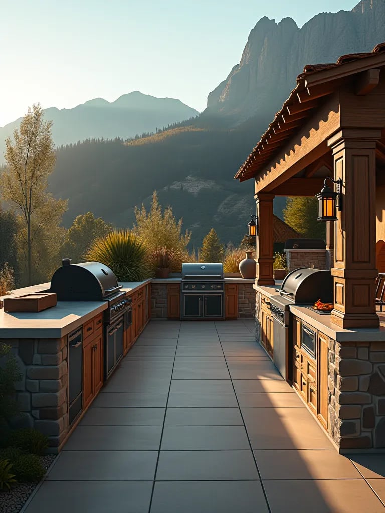 Large outdoor kitchen featuring grill, smoker, and wood fired oven