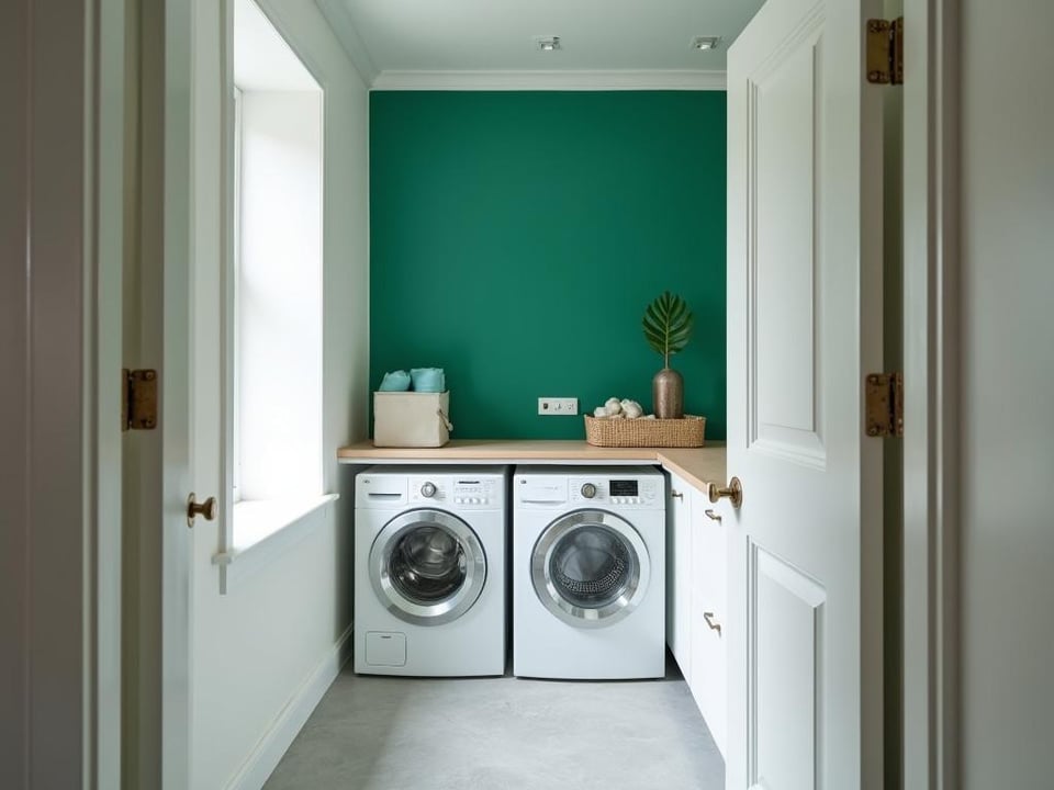 Laundry room featuring bold green wall, white machines, and gray floor