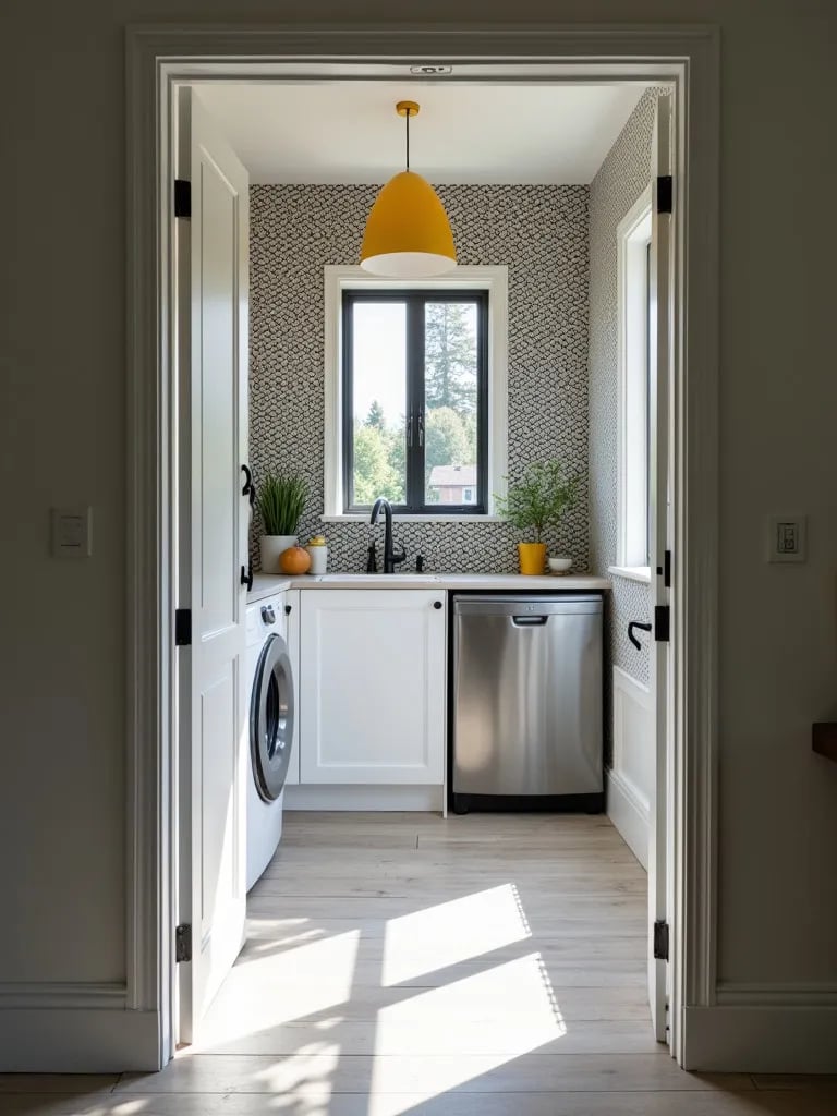 Laundry room with black and white geometric wallpaper and yellow pendant light