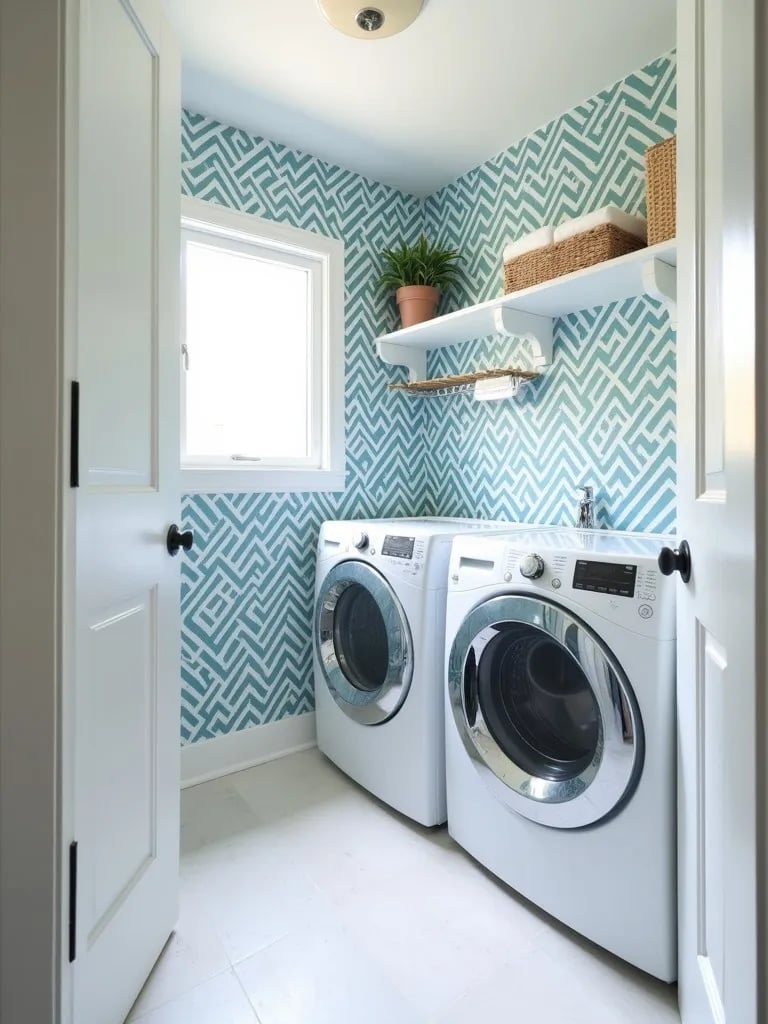 Laundry room with blue and white geometric wallpaper and modern appliances