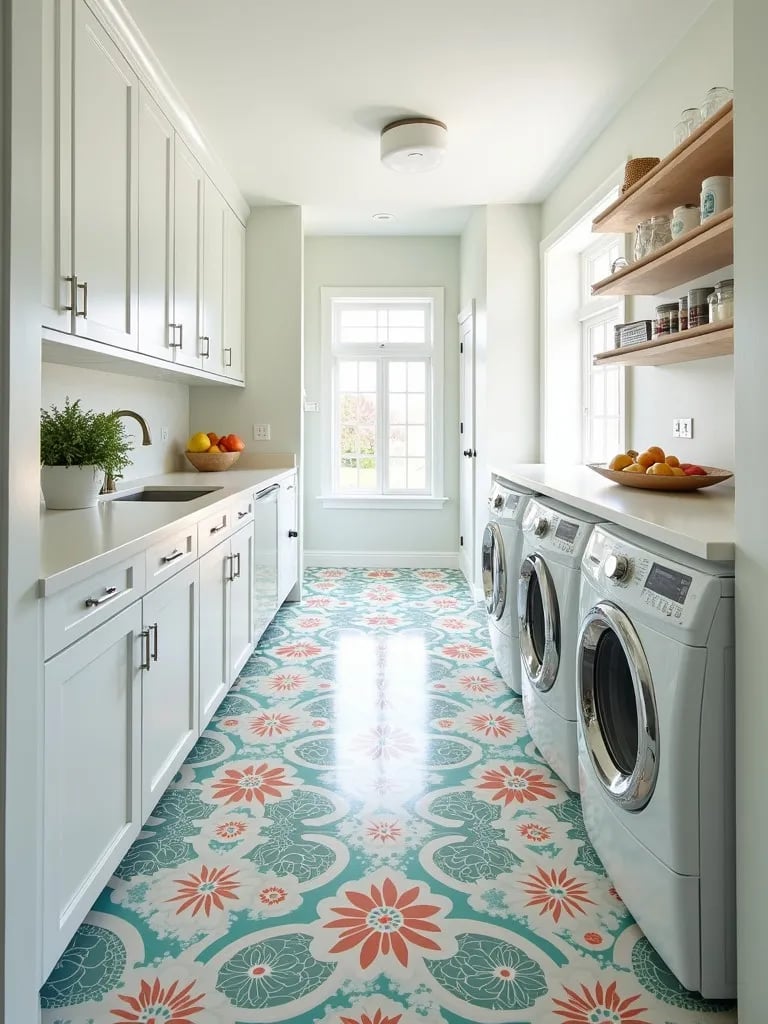 Laundry room with bold floral patterned floor and white appliances
