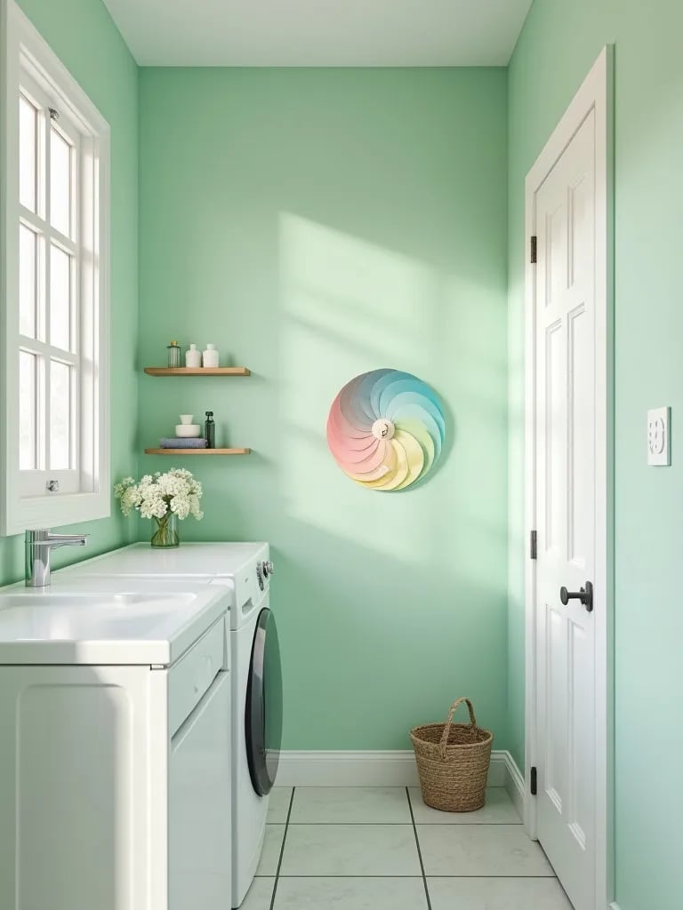 Laundry room with color swatches and paint samples on wall