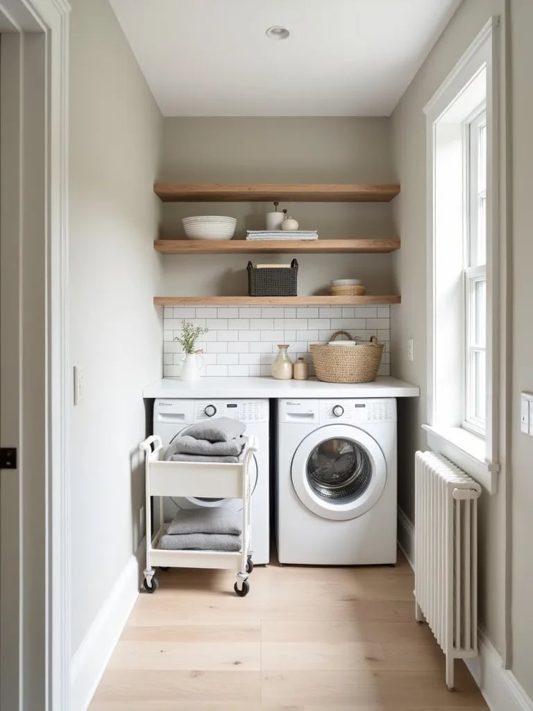 Laundry room with greige walls, white subway tile, and wood shelving