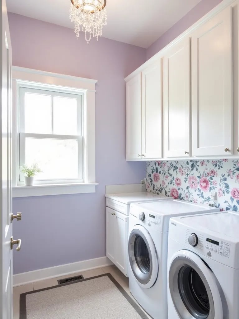 Laundry room with lavender walls, floral wallpaper, and crystal chandelier