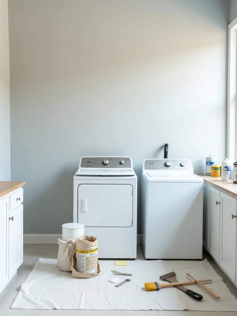 Laundry room with painting tools and supplies on drop cloth