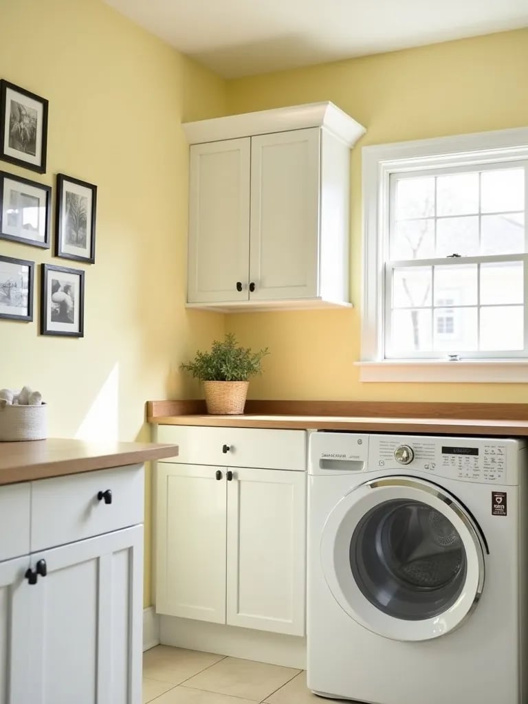 Laundry room with pale yellow walls, white appliances, and photo gallery