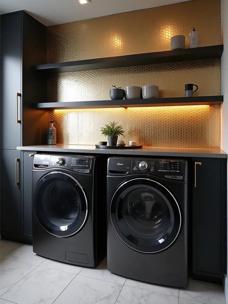 Laundry room with shimmering metallic hexagon tiled accent wall