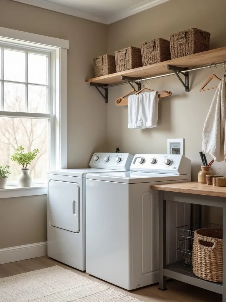 Laundry room with taupe walls, white appliances, and wood folding table